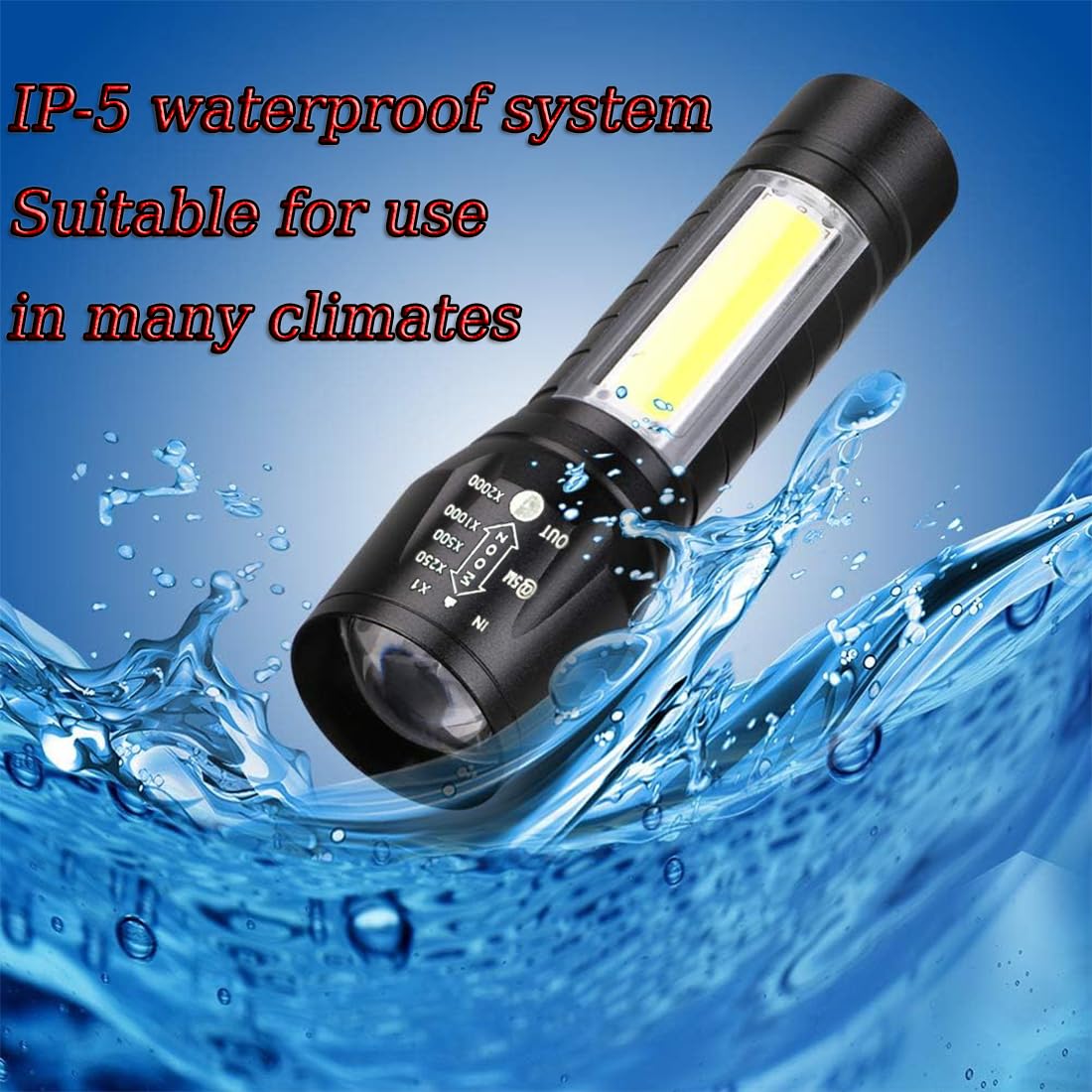 CLEZGO Lampe torche LED d'urgence rechargeable par USB, 3 modes de mise au point réglable, lampe de poche LED étanche portable avec lumières latérales COB, meilleure lampe torche tactique pour ouragan