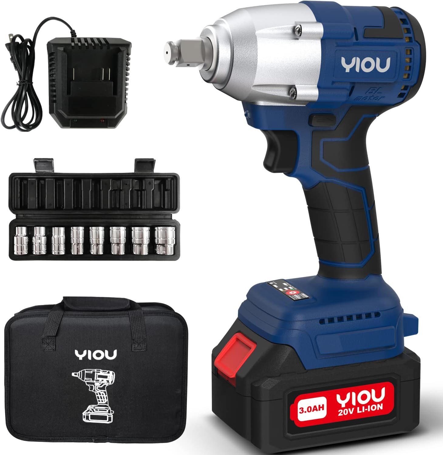 YIOU 20V MAX Cordless Impact Wrench Kit, 1/2 Inch, Compact, Blue