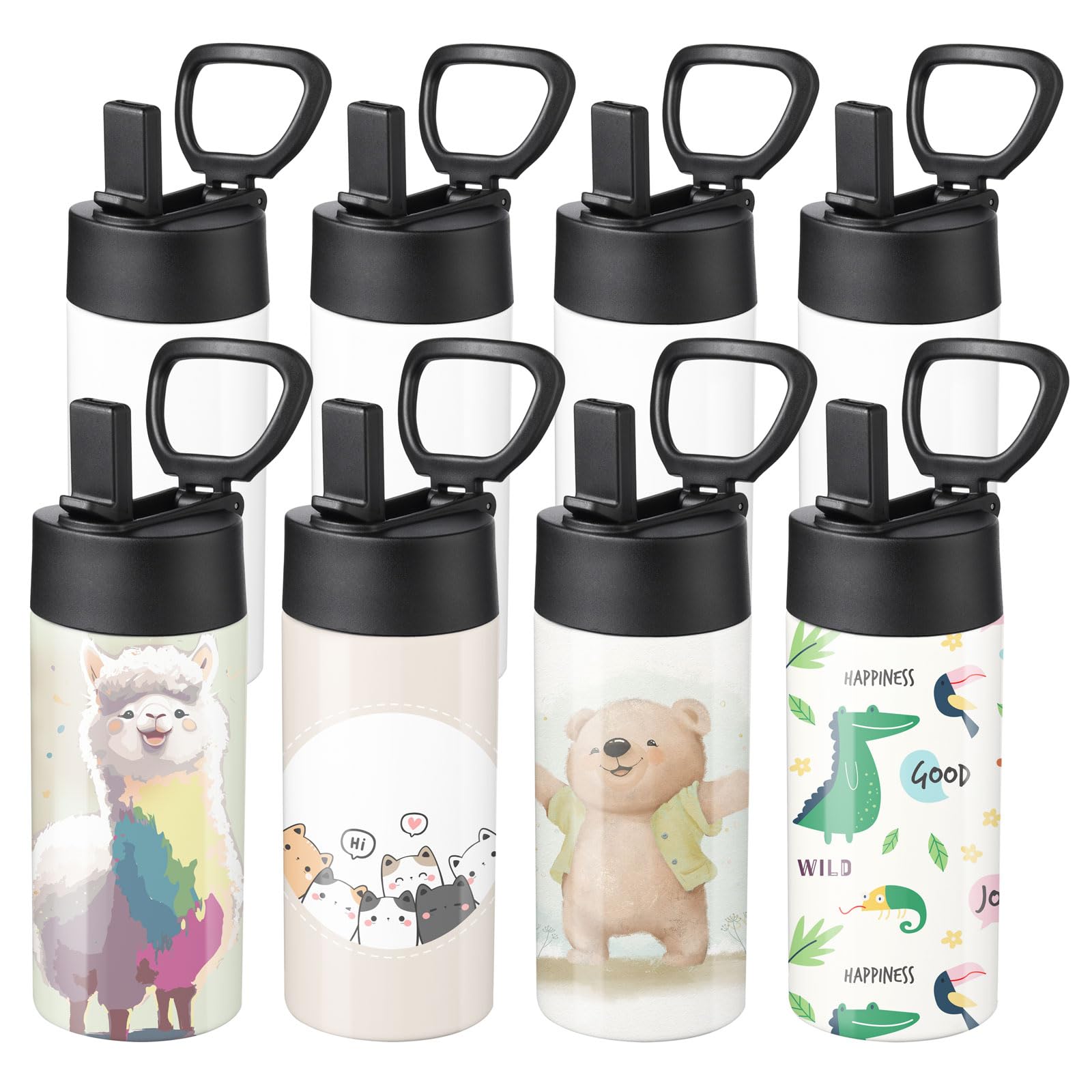 OFFNOVA 8 Pack Kid Sublimation Water Bottle Blanks with Straw 12 oz Sublimation Tumblers Bulk Stainless Steel Sports