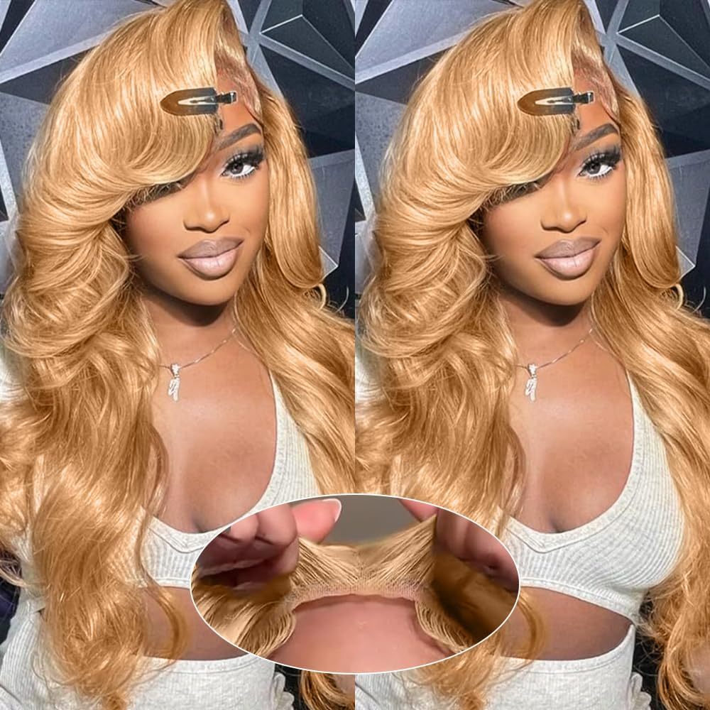 MEGOOD Honey Blonde Wig Human Hair 9x6 Honey Blonde Wig HD Lace Front Wigs Human Hair Pre Plucked Body Wave Blonde Lace Front Wigs Colored 27# Lace Frontal Wig 30Inch