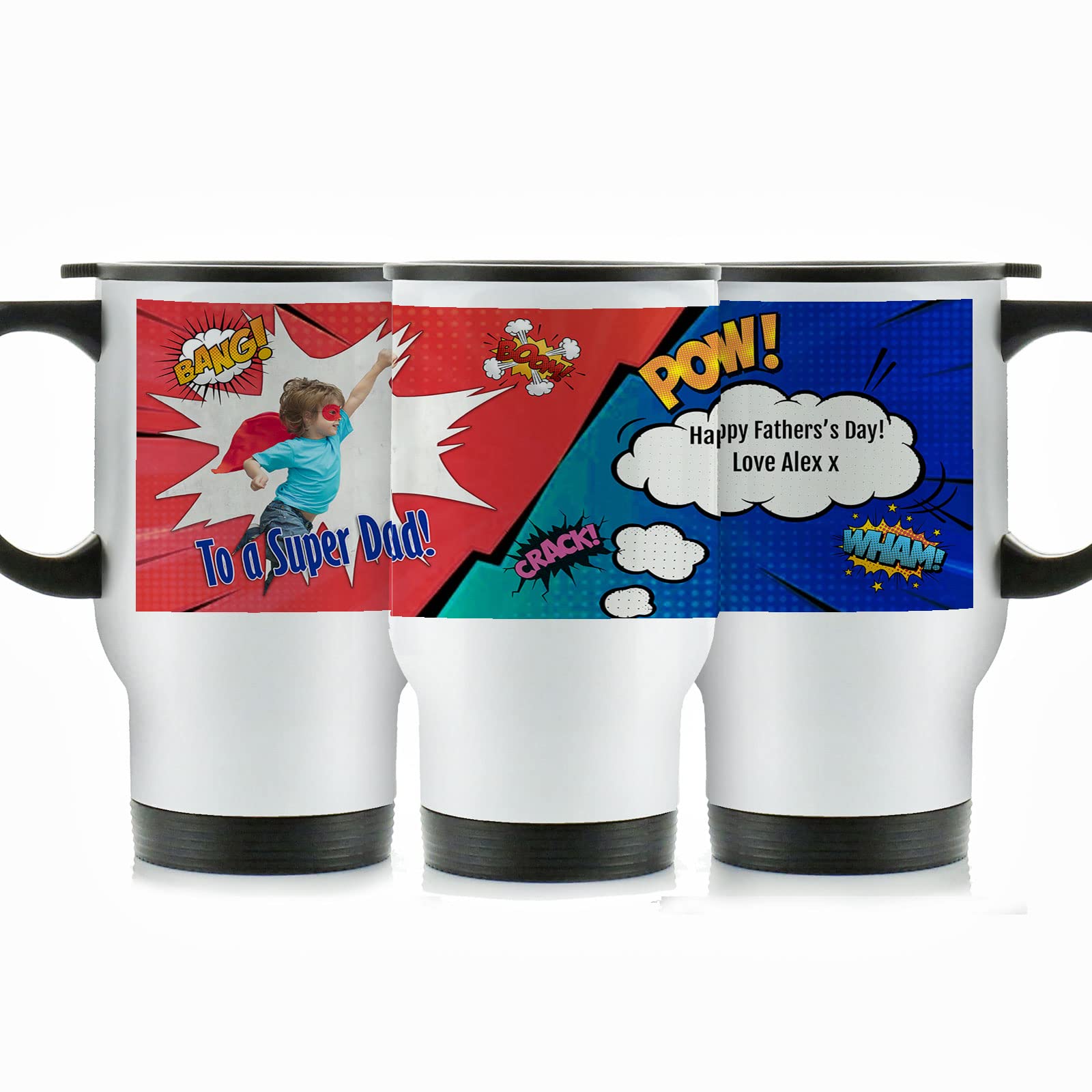Hairyworm Personalised Travel Mug, 400ml White Stainless Steel Travel Mug with Handle, Customised with Photo and Text, 'to a Super Dad' Pow Comic Super Hero Design Print โ image 1