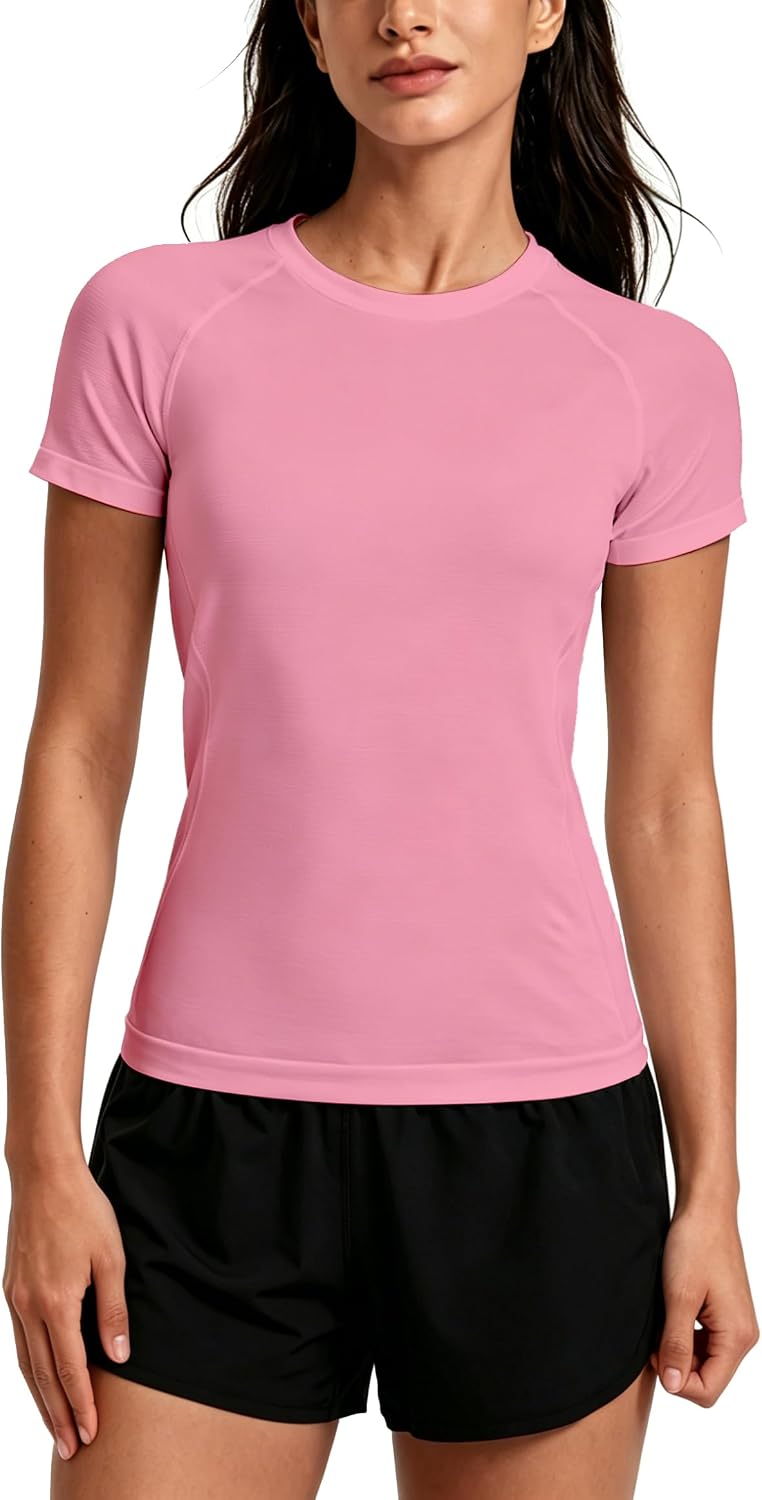 Seamless Workout Tops Athletic Short Sleeve Shirts Crewneck Tees | For run&gym, chafe-free, sweat-wick breathable, 4-way raglan sleeves, shape-retaining quick dry, fit yoga pilates daily wear