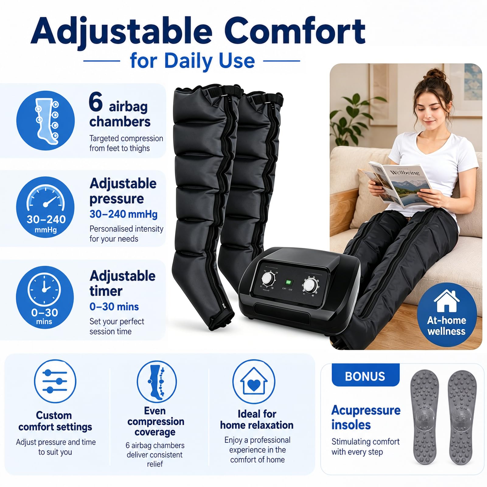Presoterapia para Casa con 6 Cámaras para Piernas, Brazos y Abdomen | Presión Ajustable 30–240 mmHg, Temporizador 0–30 Min, Mandos Mecánicos, Compresor Silencioso para Uso Diario
