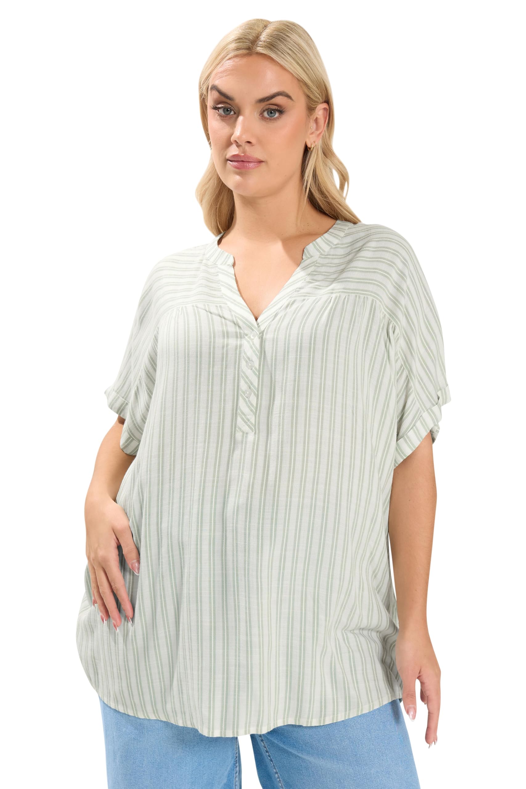 Yours Curve White & Green Stripe Notch Neck Top - Women's - Plus Size Curve
