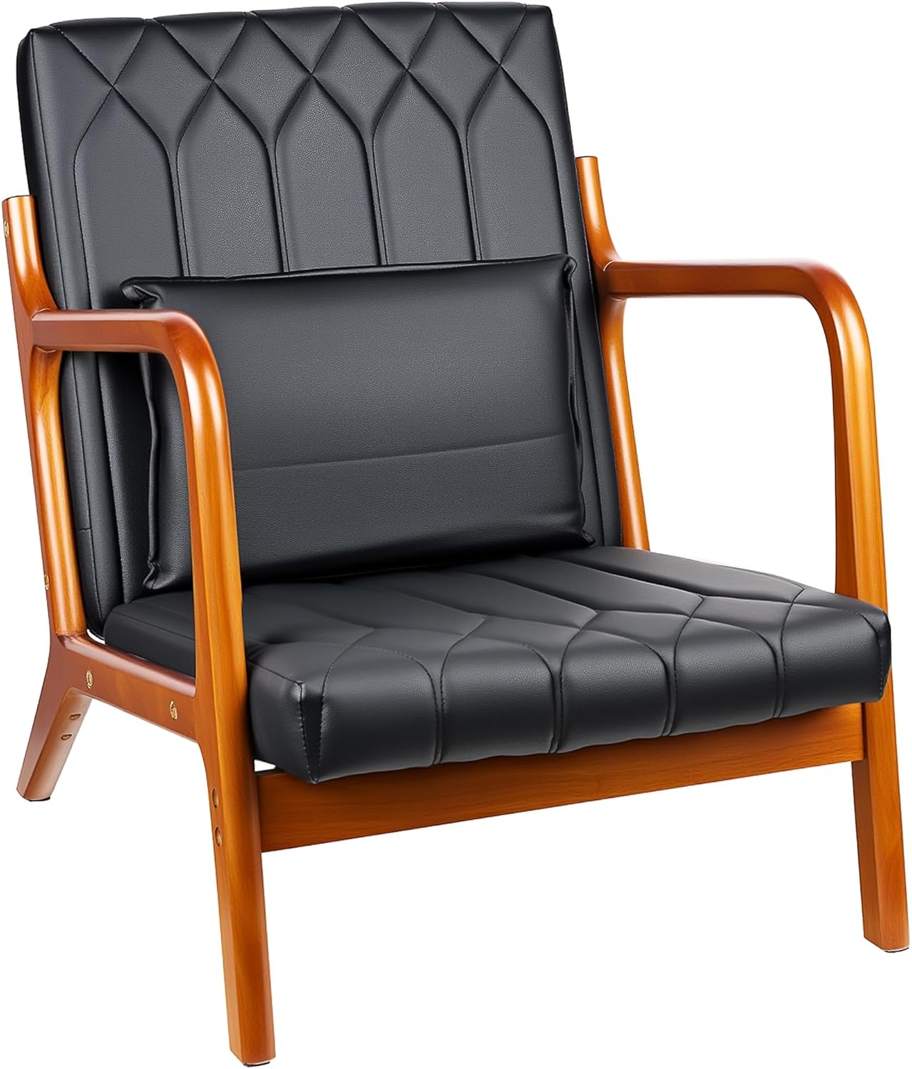 VECELO Mid-Century Modern Accent Chair with Faux Leather Cushion & Solid Wood Frame, Lounge Armchair for Living Room, Bedroom, Office, Black