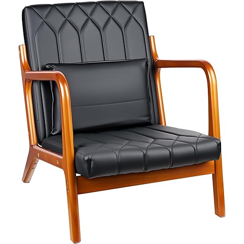 VECELO Mid-Century Modern Accent Chair with Faux Leather Cushion & Solid Wood Frame, Lounge Armchair for Living Room, Bedroom, Office, Black