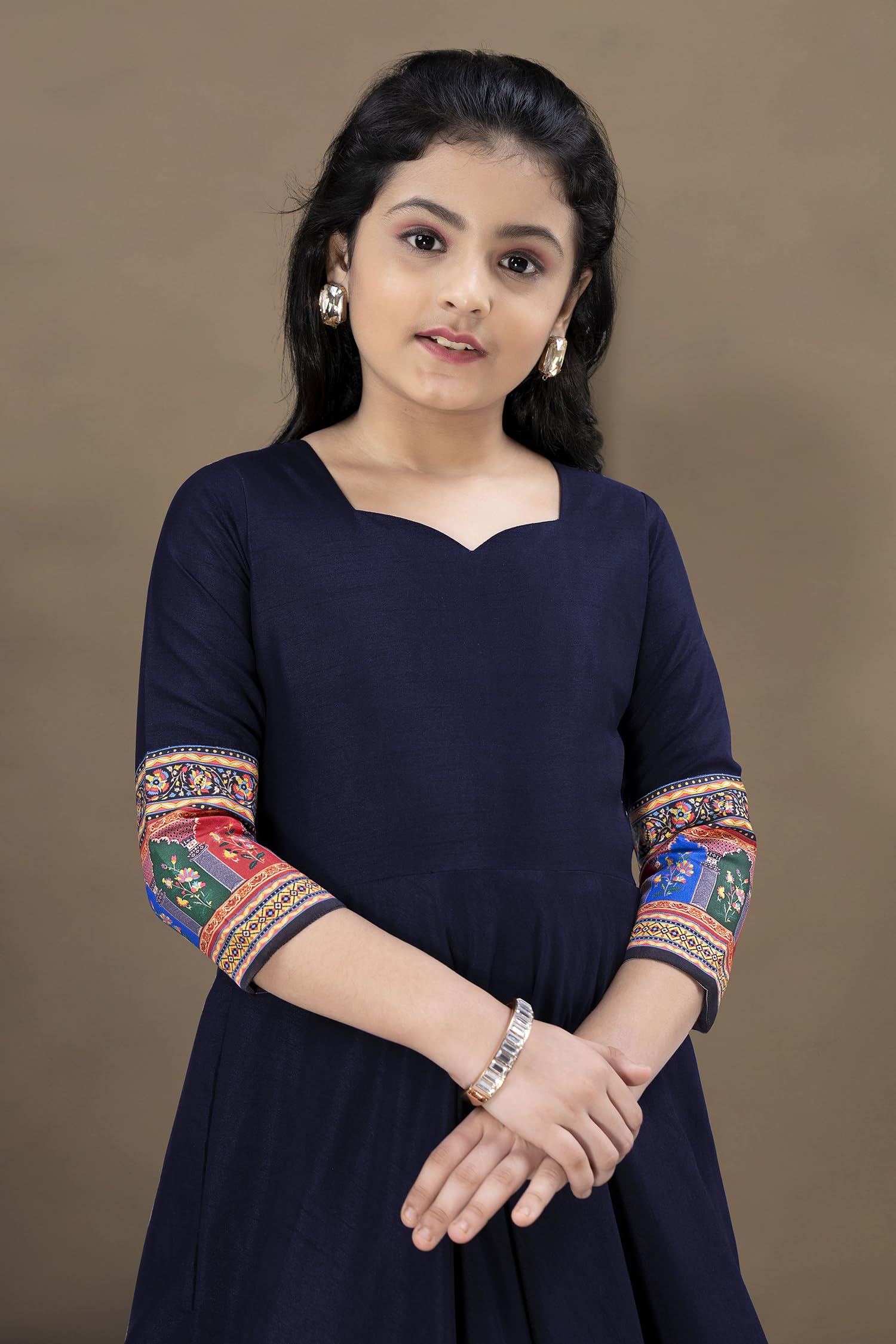 Fashion Dream Girls Crepe Silk Maxi Length Printed Dress |Traditional Long Dress|Gown for Kids (FDGDRS00131 NBL 40_Navy Blue_13-14 Years) 2