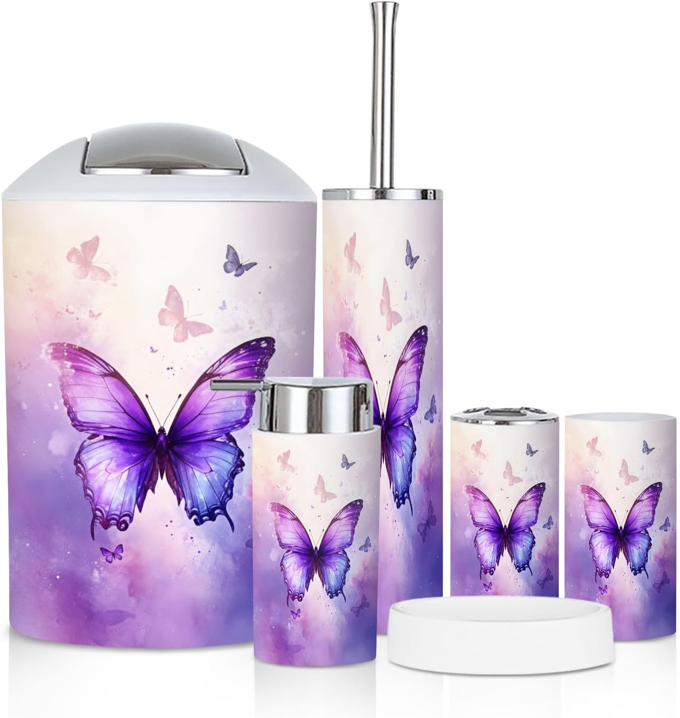 Bathroom Accessory Set 6 Piece Gold Navy Blue Butterfly White Flower Botanical Gray Moth Trash can, Toothbrush Holder, Soap Dispenser, Soap Dish, Toothbrush Cup, Toilet Brush Holder