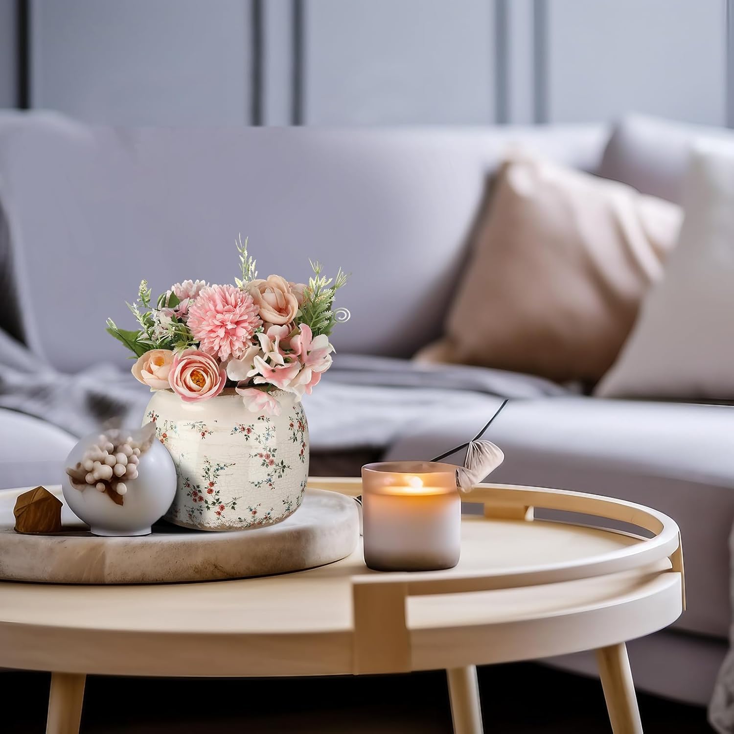 Großer Keramik-Blumentopf, 19,6 cm, Beige/Rot, Cottage Rose, Craquelé-Glasur, rustikaler Blumentopf, dekorativer Übertopf mit Drainage, für Innen- und Außenbereich, Pflanzen, Zuhause