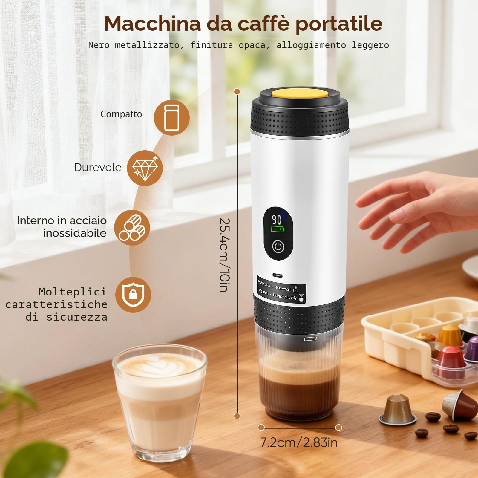 Mini macchina da caffè portatile 3 in 1 con batteria - Macchina per caffè espresso per auto USB-C - Compatibile con capsule e caffè macinato - Ideale per camper