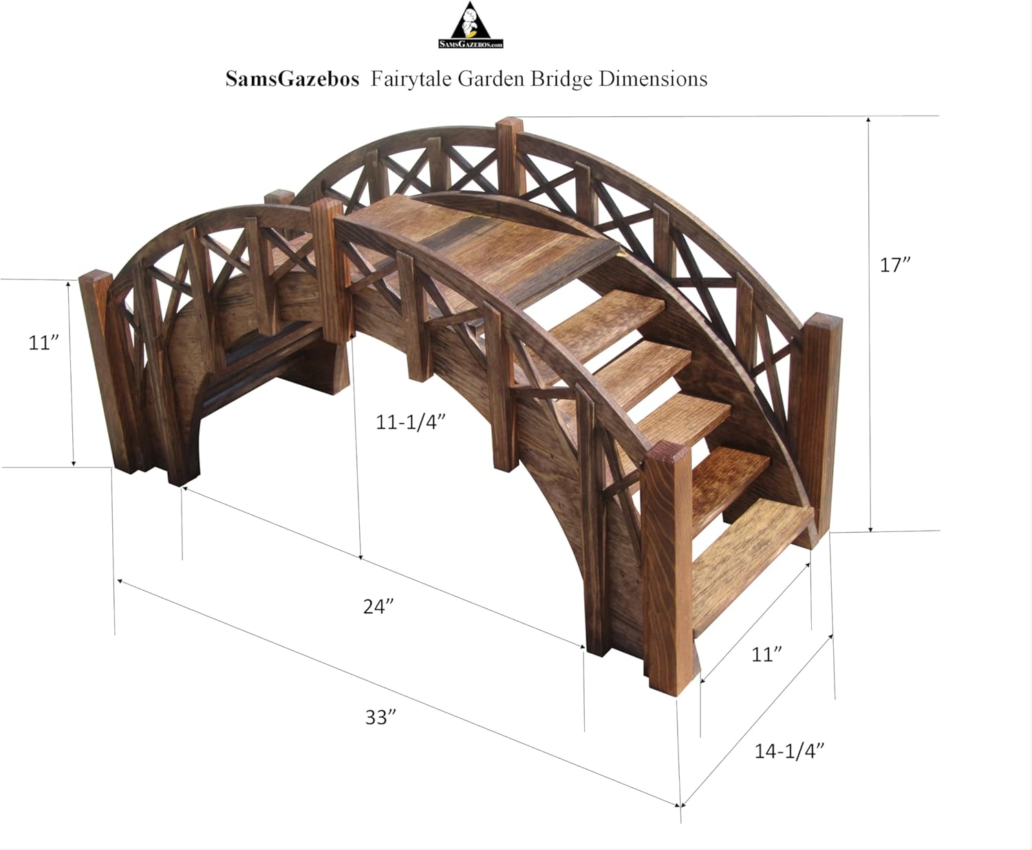 SamsGazebos Fairy Tale Garden Bridge with Decorative Lattice Railings and Steps, 33" L, Unfinished