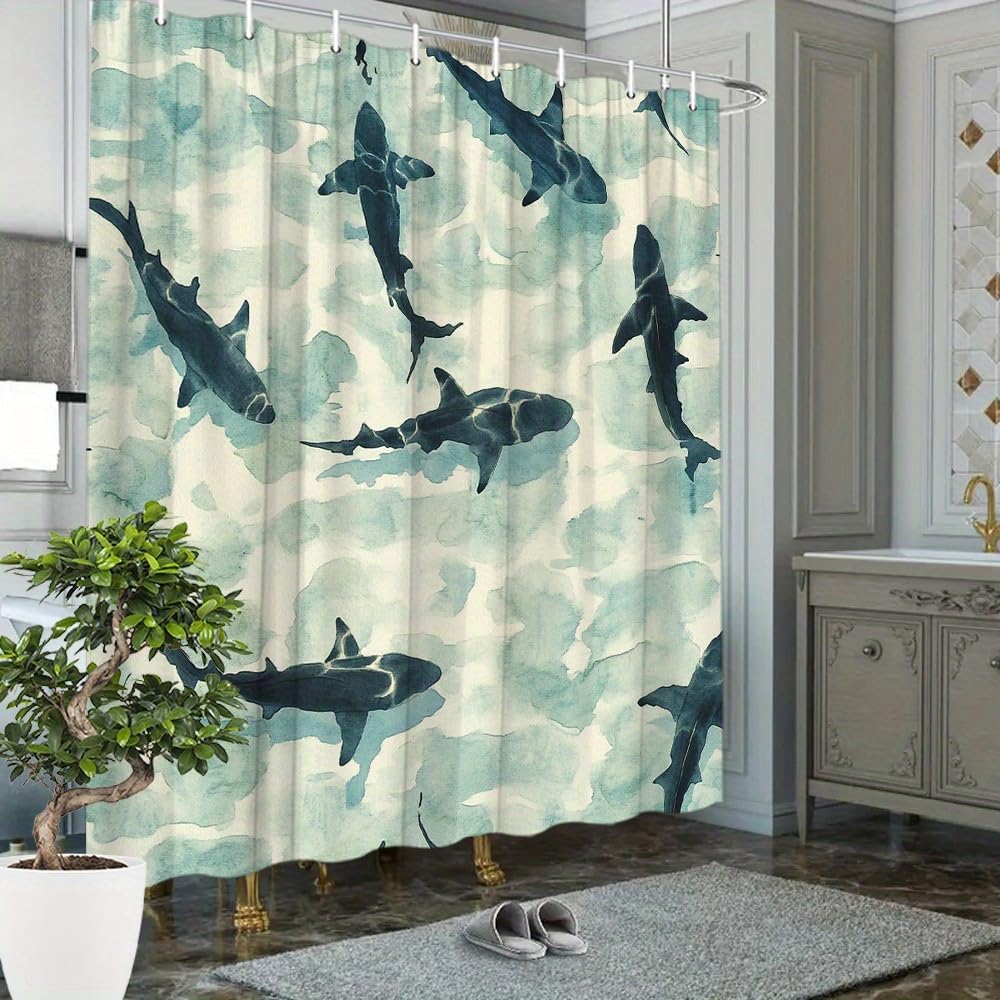 GLWDMB 1 Piece 150x180CM Sharks Swimming in Ocean Printed Shower Curtain With Hook, Polyester, for Windows And Walls, Bathtub, Bathroom, Machine Washable, All Season Universal
