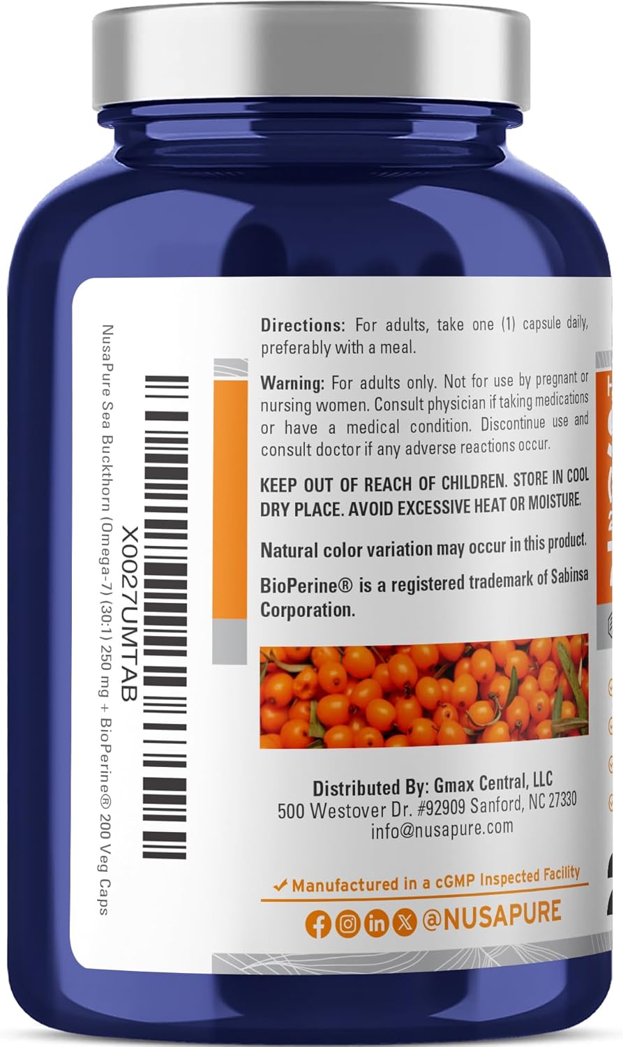 NusaPure Sea Buckthorn Omega-7 30:1 Extract, 250 mg Equivalent to 7,500mg per Veggie Caps - 200 Capsules - Non-GMO & Vegan - Image 3