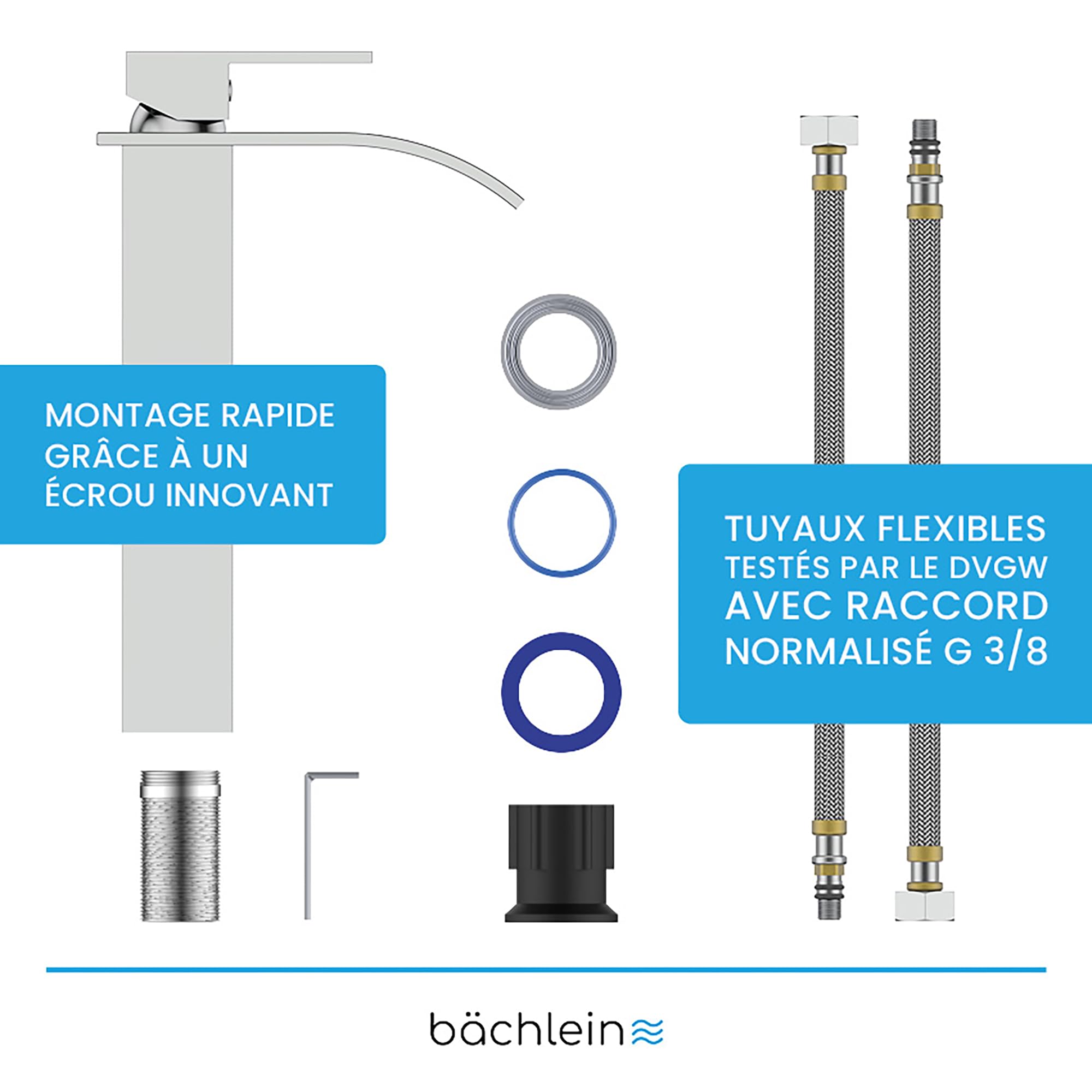 Bächlein Robinet de salle de bain en forme de cascade - Mitigeur monocommande extra haut avec kit de montage pour lavabo à poser - Chromé
