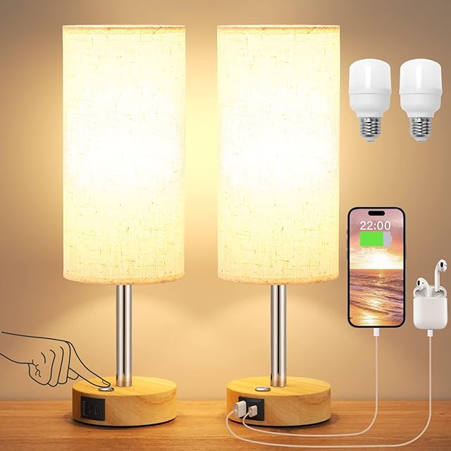 Set of 2 Touch Table Lamps with USB-C USB-A Charging Ports, Aooshine 3 Way Dimmable Bedside Lamp for Bedrooms, Small Touch Lamps with Round Flaxen Fabric Shade for Living Room (Bulb Included)