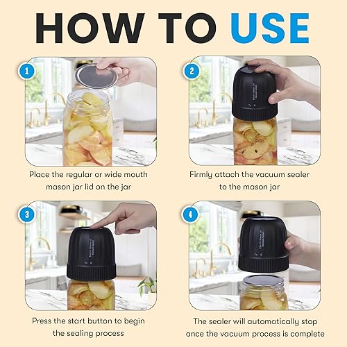 Miniatura 5 de Kit de sellado al vacío eléctrico para tarros Mason Mason Tarros de succión fuerte 3 en 1, sellador recargable de mano para frascos de boca ancha y
