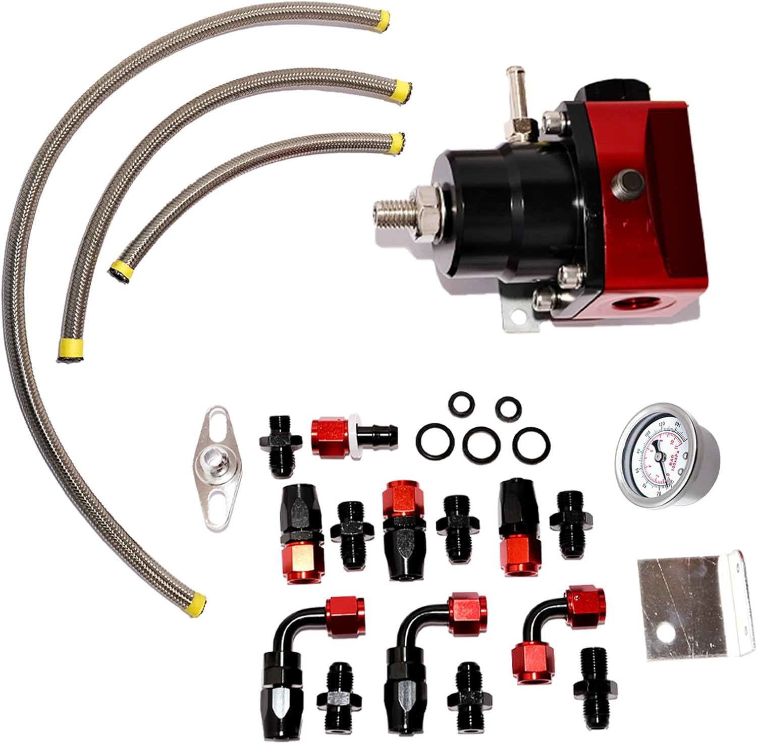 Universal EFI Fuel Pressure Regulator Kit -Aluminum Black+Red (0-100 PSI) with 6AN Fuel Line Fittings and Pressure Gauge (Black&Red)