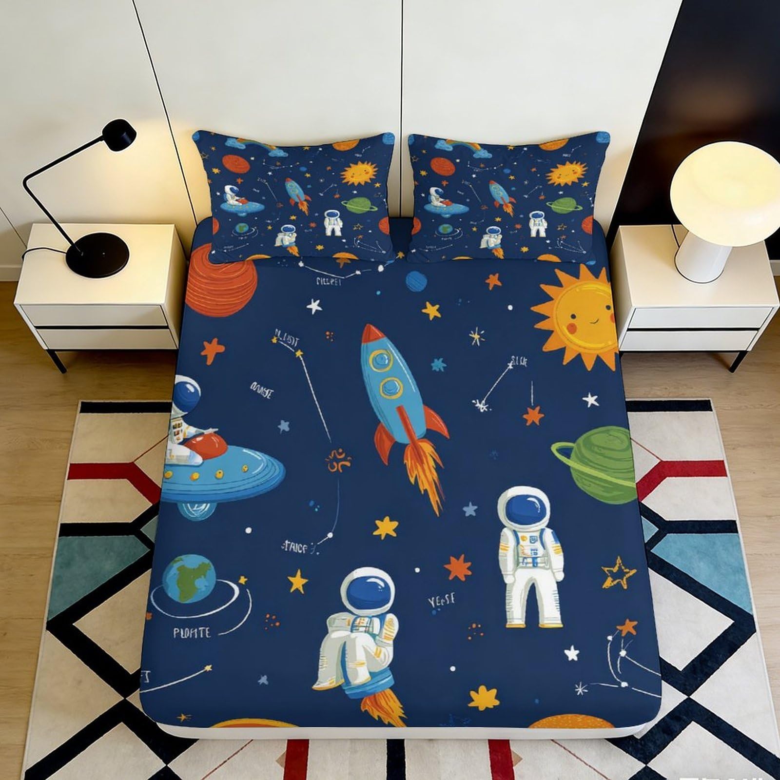 3D Printed Space Rocket Fitted Sheet Microfiber Soft Breathable Astronaut Bed Cover for Bedroom Dormitory Guest Room Mattress Protection Decor 180x200x25cm