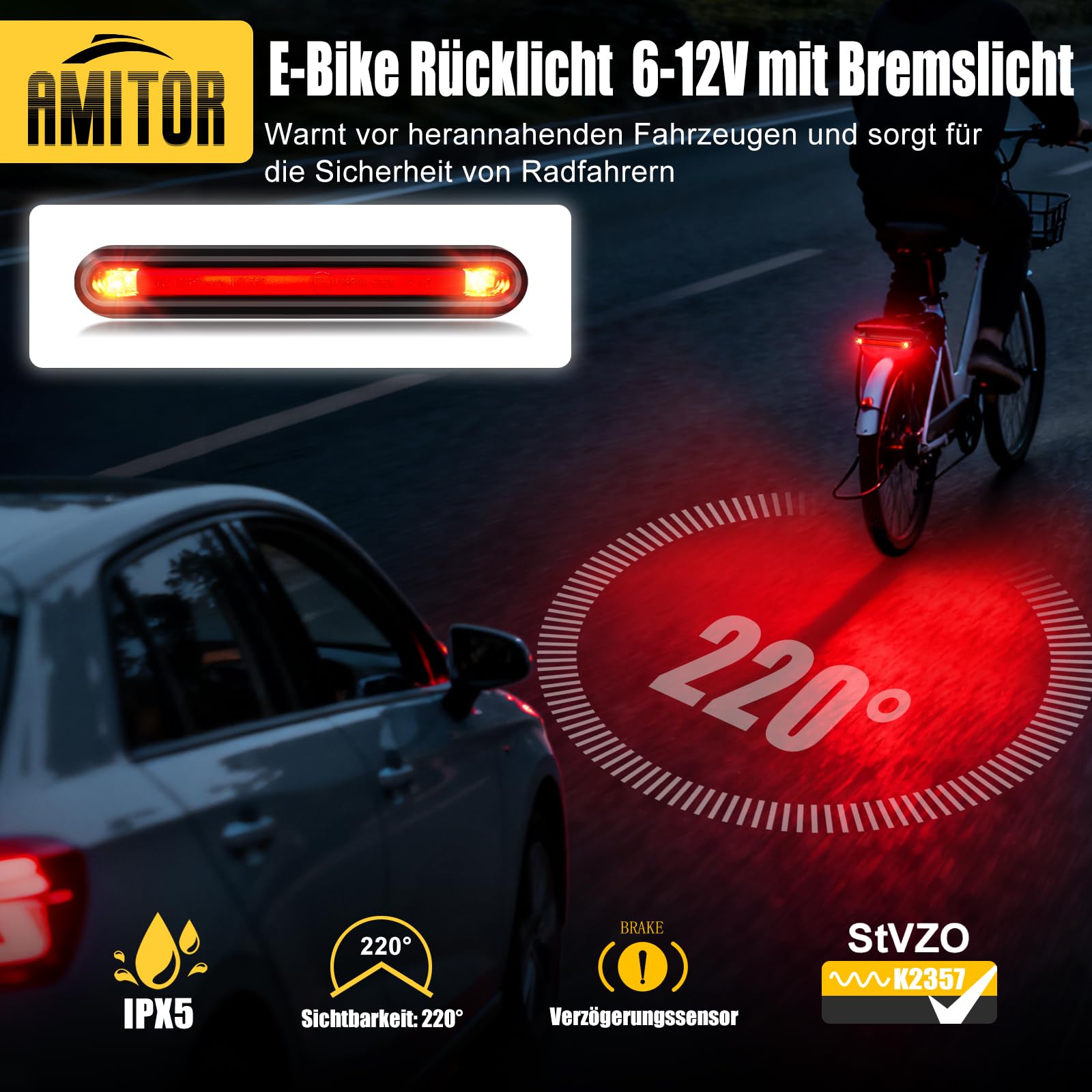 Ebike Feu arrière LED 6-12 V avec feu de freinage, homologué StVZO pour vélo électrique, étanche IPX5, avec câble, sûr et fiable
