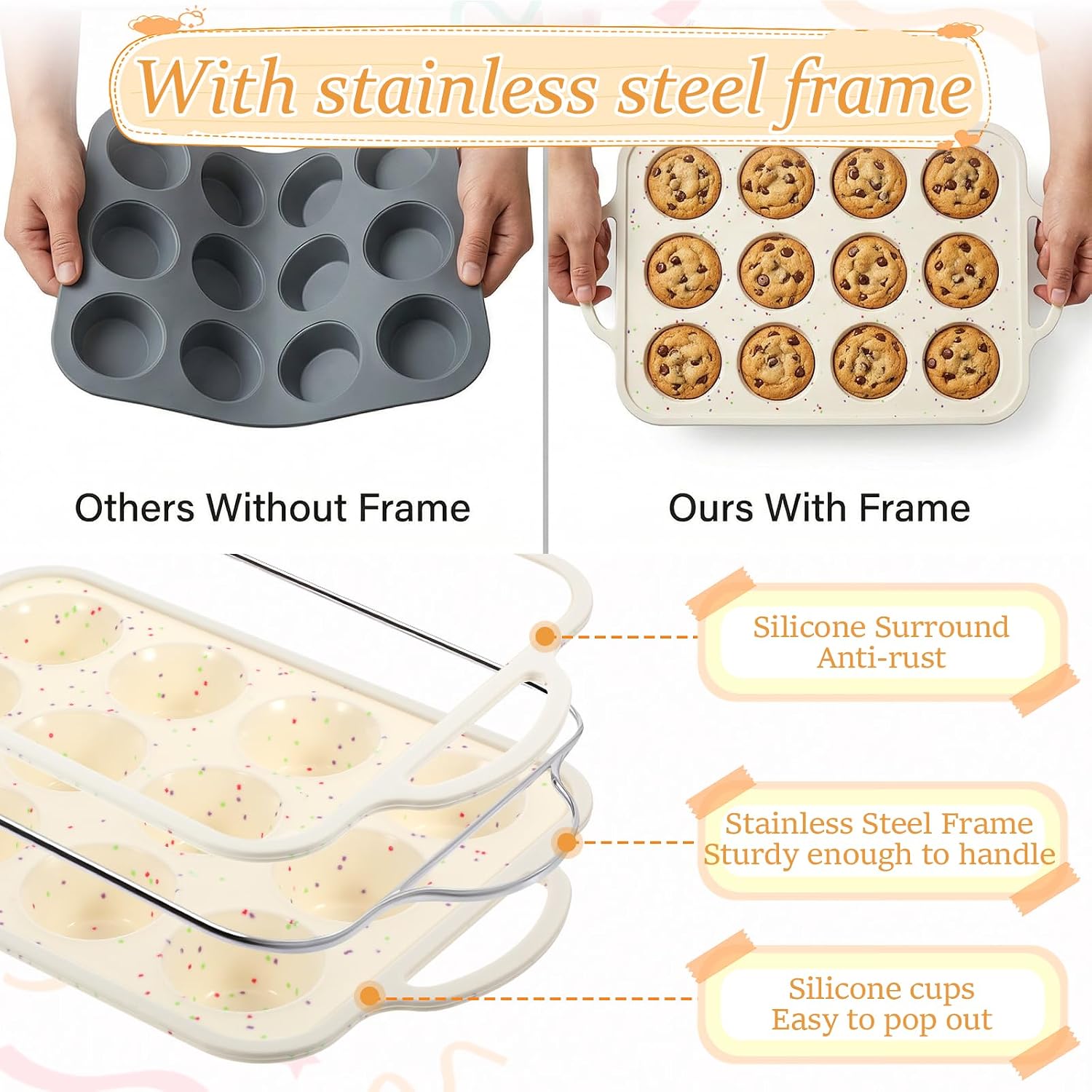 4 Pcs Silicone Muffin Pan For Baking With Spatula & Brush, Nonstick Cupcake Pan with Metal Reinforced Frame, 6/8/12/24 Cup Silicone Muffin Tray, BPA Free, Cupcake Baking Pans Molds for Oven