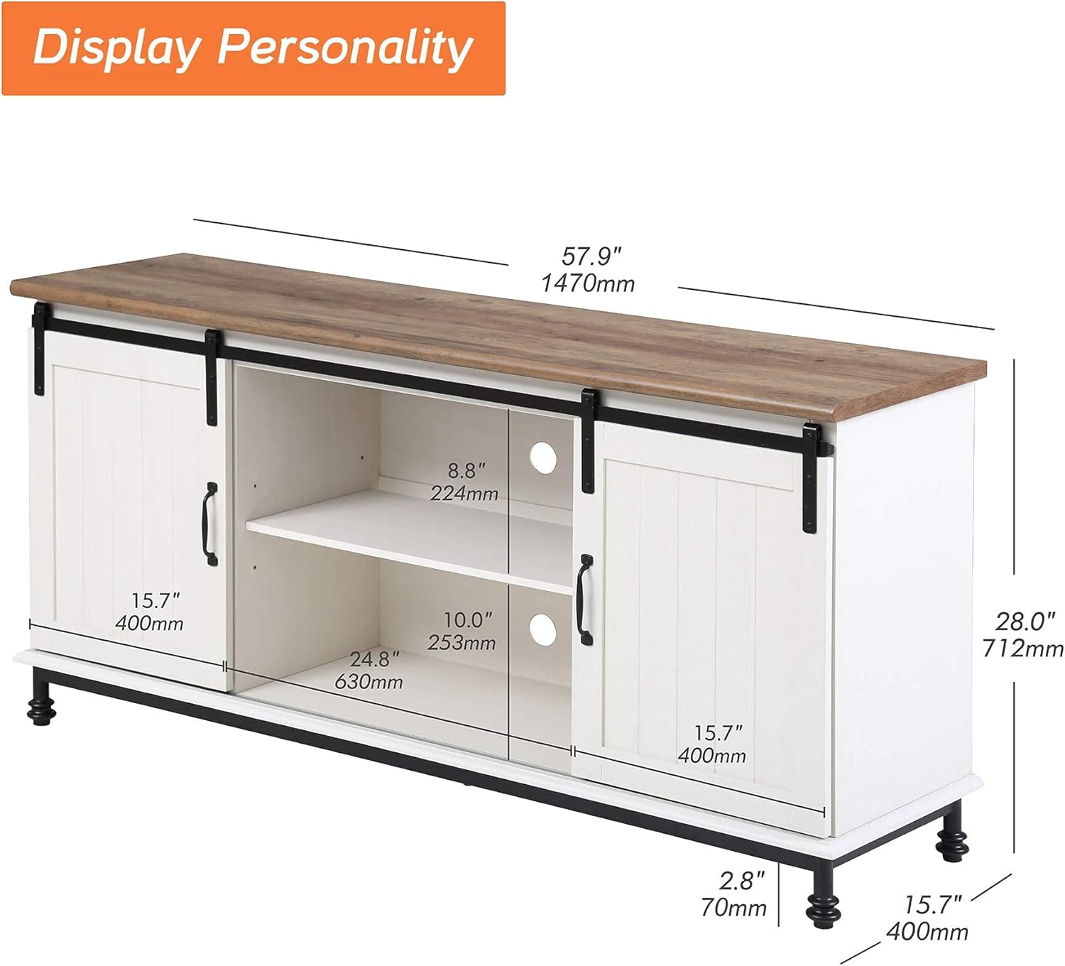 WAMPAT Farmhouse TV Stand for TVs Up to 65" with Furniture Safety Straps, Sliding Barn Door Entertainment Center with Storage& Adjustable Shelves& Hard Metal Legs, 58 inch, Rustic White Oak : Home & Kitchen