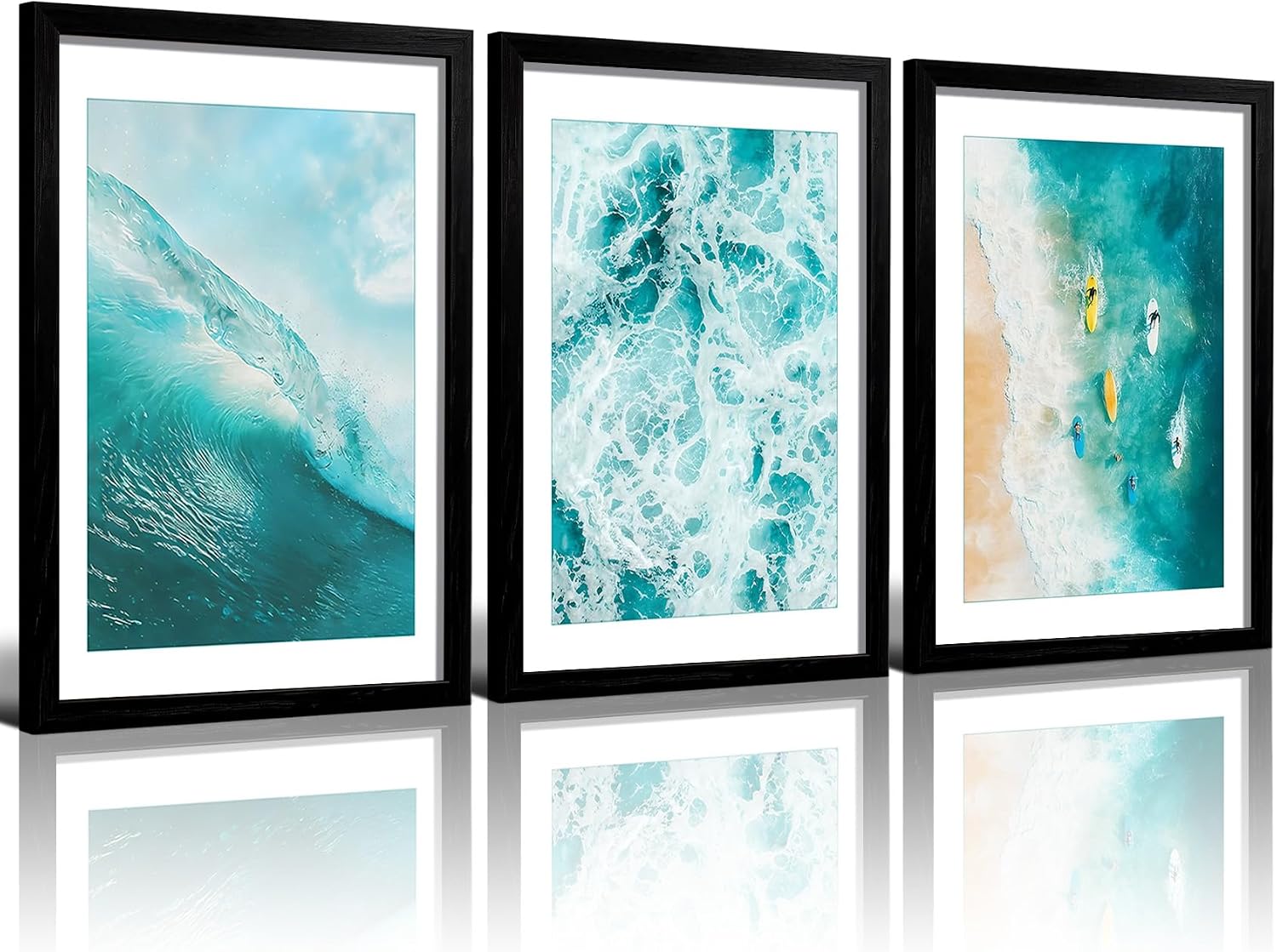 RUURUU Solid Wood Framed Ocean Wall Art Set of 3 Coastal Beach Canvas Prints with Sea Wave Surfing Poster Pictures Modern Nautical Painting Decor for Living Room Bathroom Home Office 12x16inches