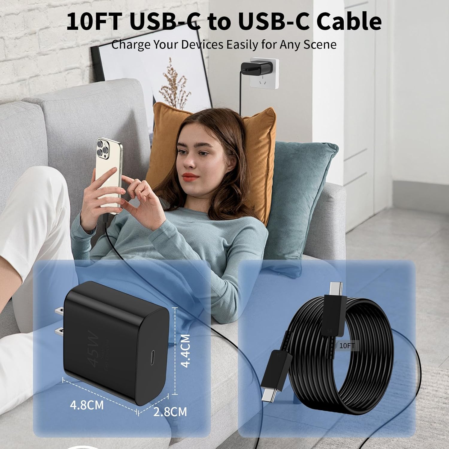 iPhone 16 15 Fast Charger 10FT,2Pack 45W USB C Wall Charger Block Adapter with 10FT USB C to USB C Extra Long Charging Cable for iPhone16/16 Pro Max/16 Pro/16 Plus/15 Pro Max/15 Pro,S24/S24+ iPad Pro - Image 5