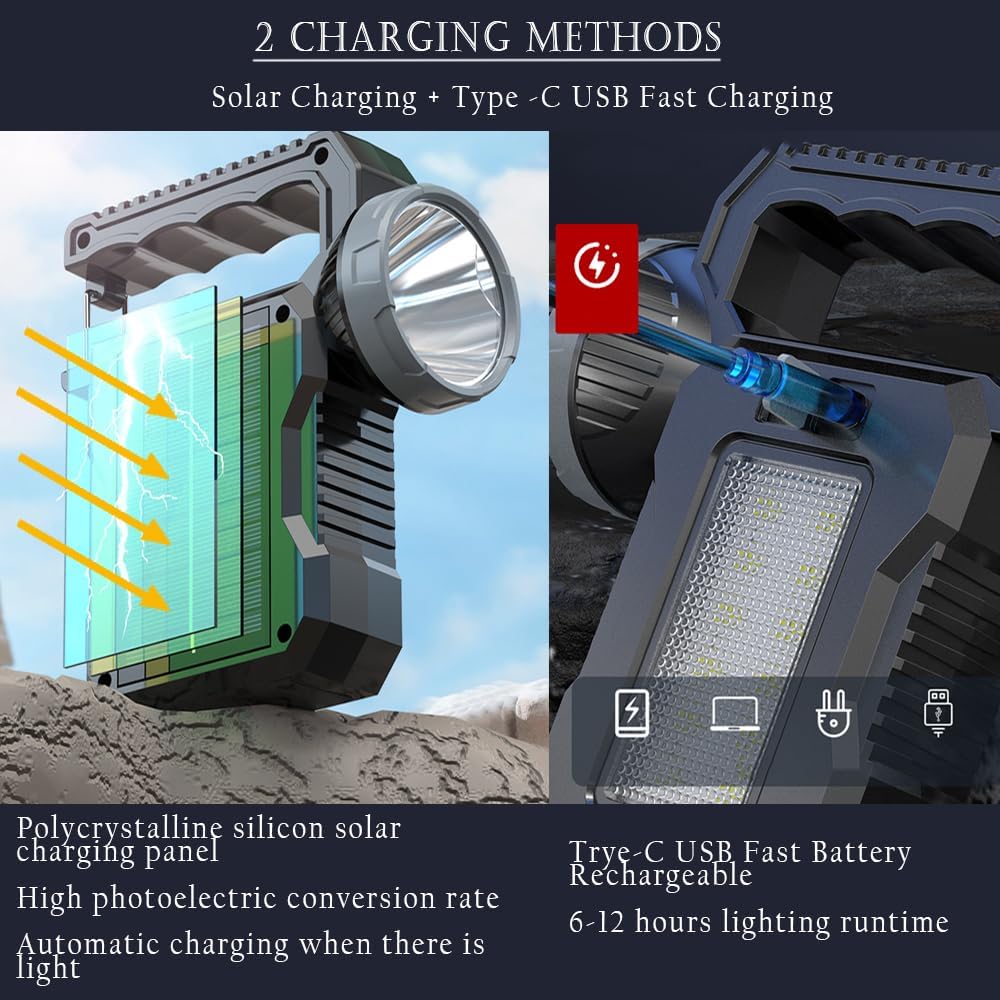 Solar Flashlight for Home Camping Lantern Portable Rechargeable Spotlight Keychain Backpacking Light Outdoor Bright Hanging Searchlight for Hiking Biking Backpack Power Outage Hurricane 2Pack
