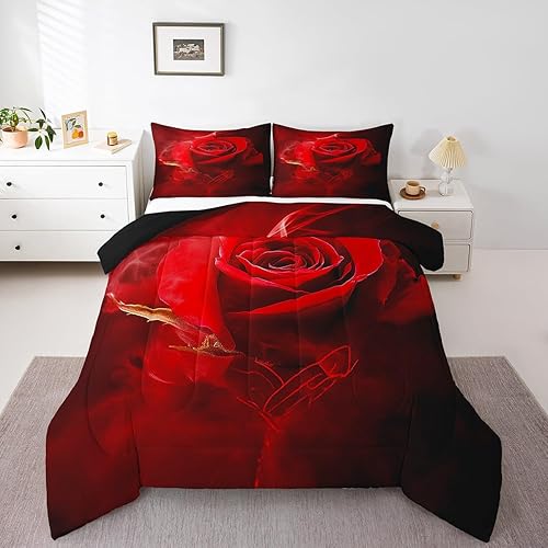Erosebridal Juego de edredón floral rosa tamaño individual, juego de ropa de cama color negro degradado rojo para niñas y mujeres, regalo romántico