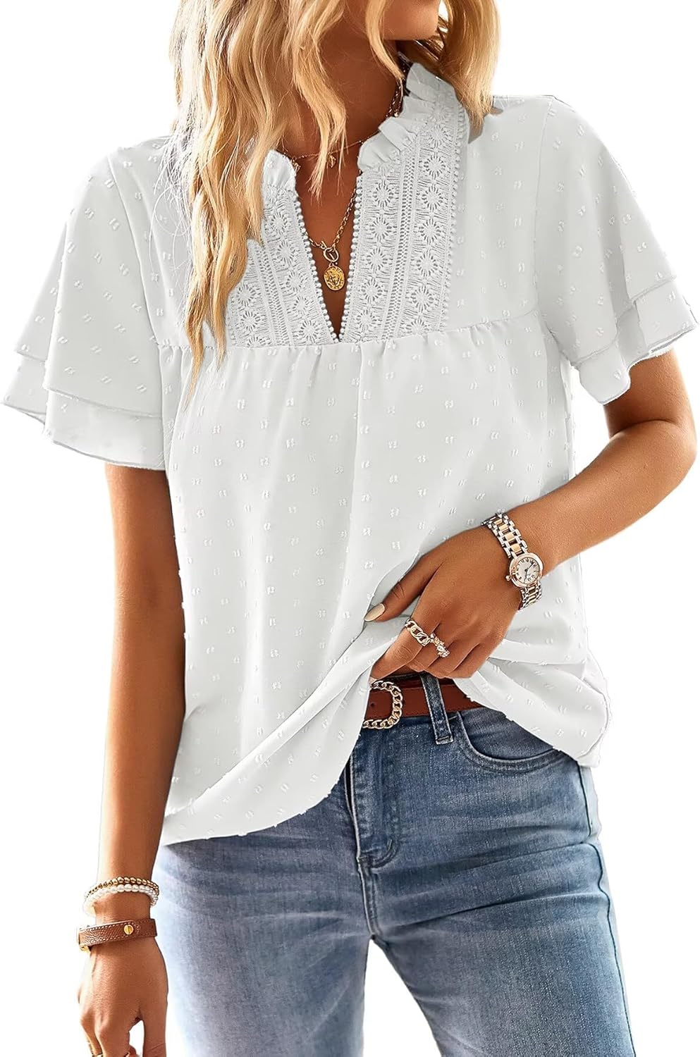 Plus Size Tops for Women Ruffle Sleeve Womens Blouses V Neck Summer Dressy Casual Bohemian Flowy Bohemian Shirts White 2XL