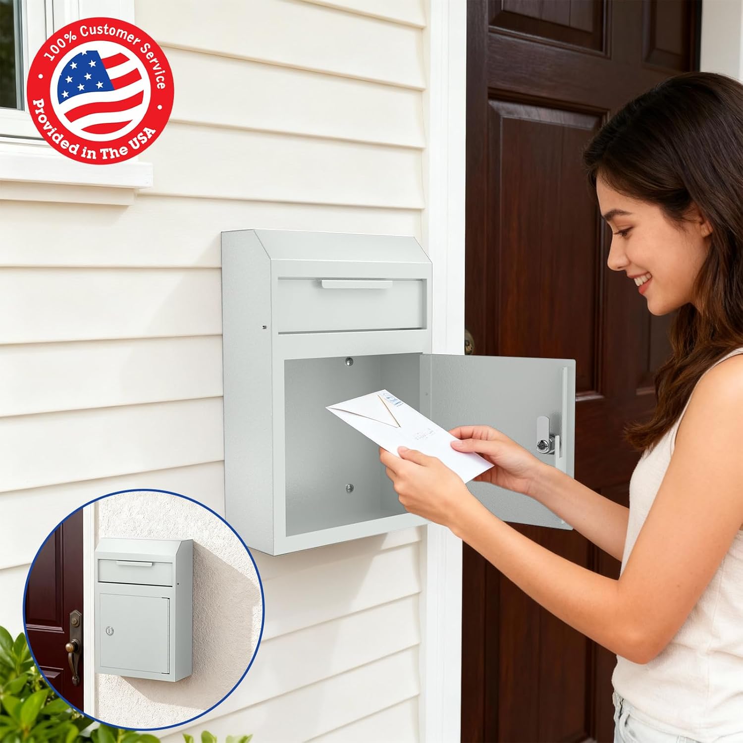 POCHAR Metal Wall Mount Locking Deposit Drop Box Safe - Heavy Duty Lock Box for Keys, Rent, Checks, Money, and Mail Envelopes (9.75” x 4.25” x 14.75”) (White)