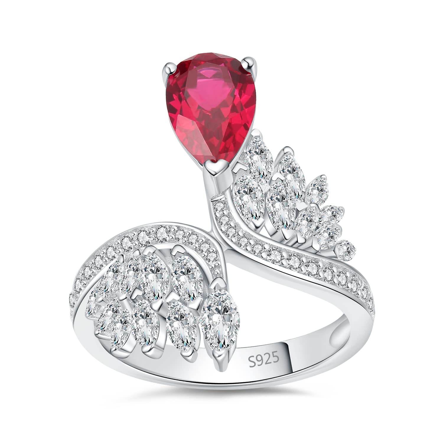 JewelryPalaceWings 1.8ct Pear Cut Created Red Ruby Cocktail Rings For Women, Art Deco Feather 925 Sterling Silver Gemstone Promise Ring For Her, Marquise Anniversary Fashion Rings Size 5-9
