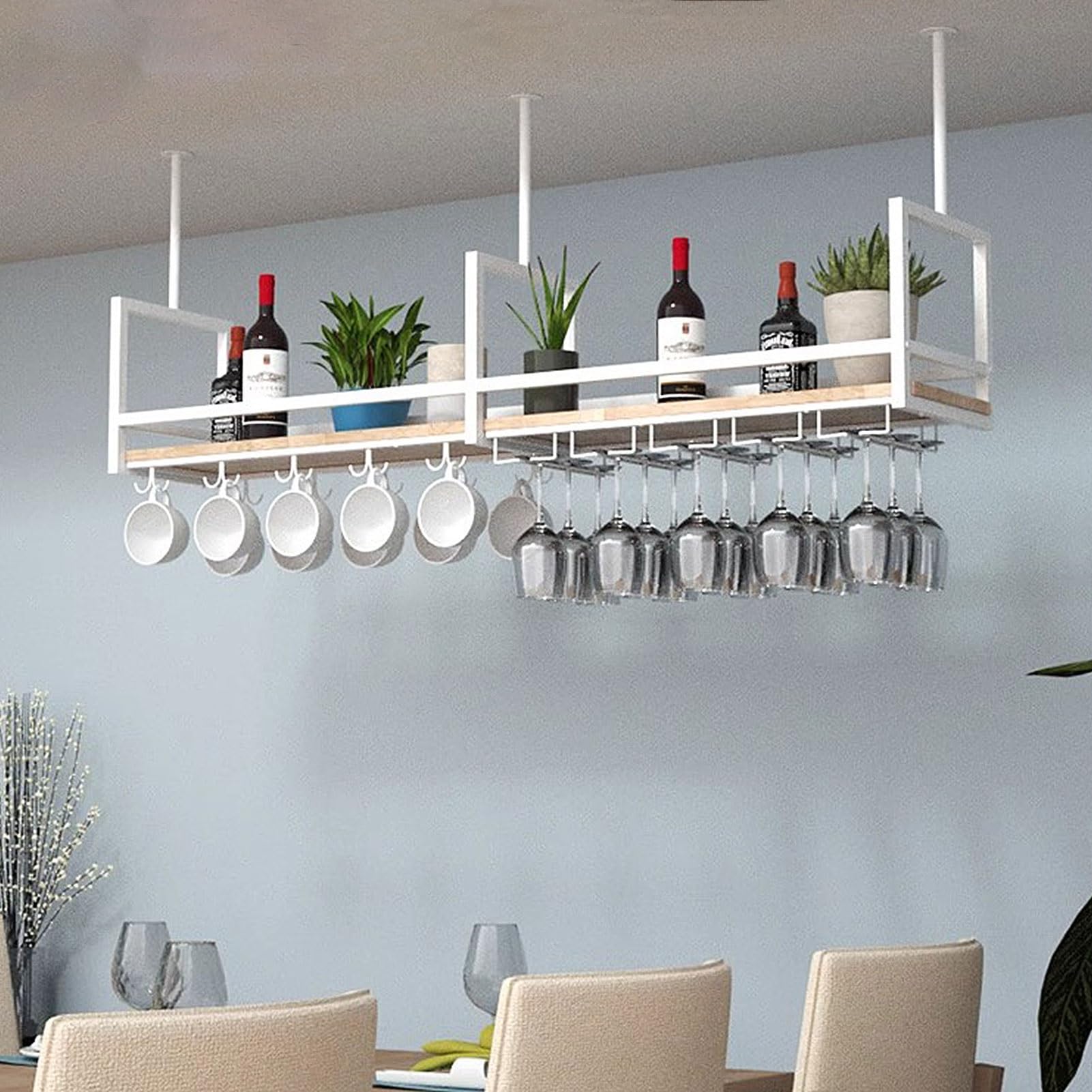 Porte-verres de plafond blanc et étagère de rangement suspendue pour vin