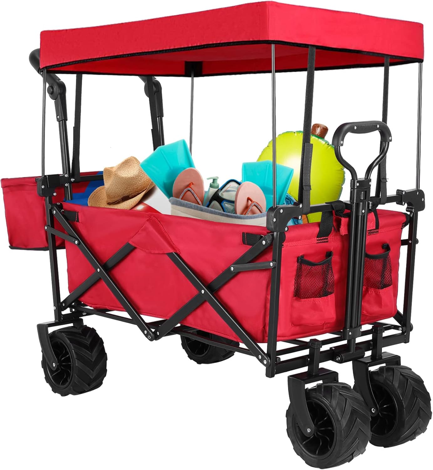 Collapsible Wagon with Canopy - Extra Large 250lbs Garden Cart, Heavy Duty Outdoor Utility Stroller with Rear Storage, Big Wheel and Adjustable Handle for Camping and Beach - Foldable Push & Pull Cart