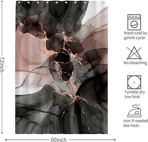 Miniatura 6 de Seorsok Cortina de ducha de mármol rosa dorado, cortina de ducha de lujo con degradado de mármol dorado y negro para decoración de baño, textura de