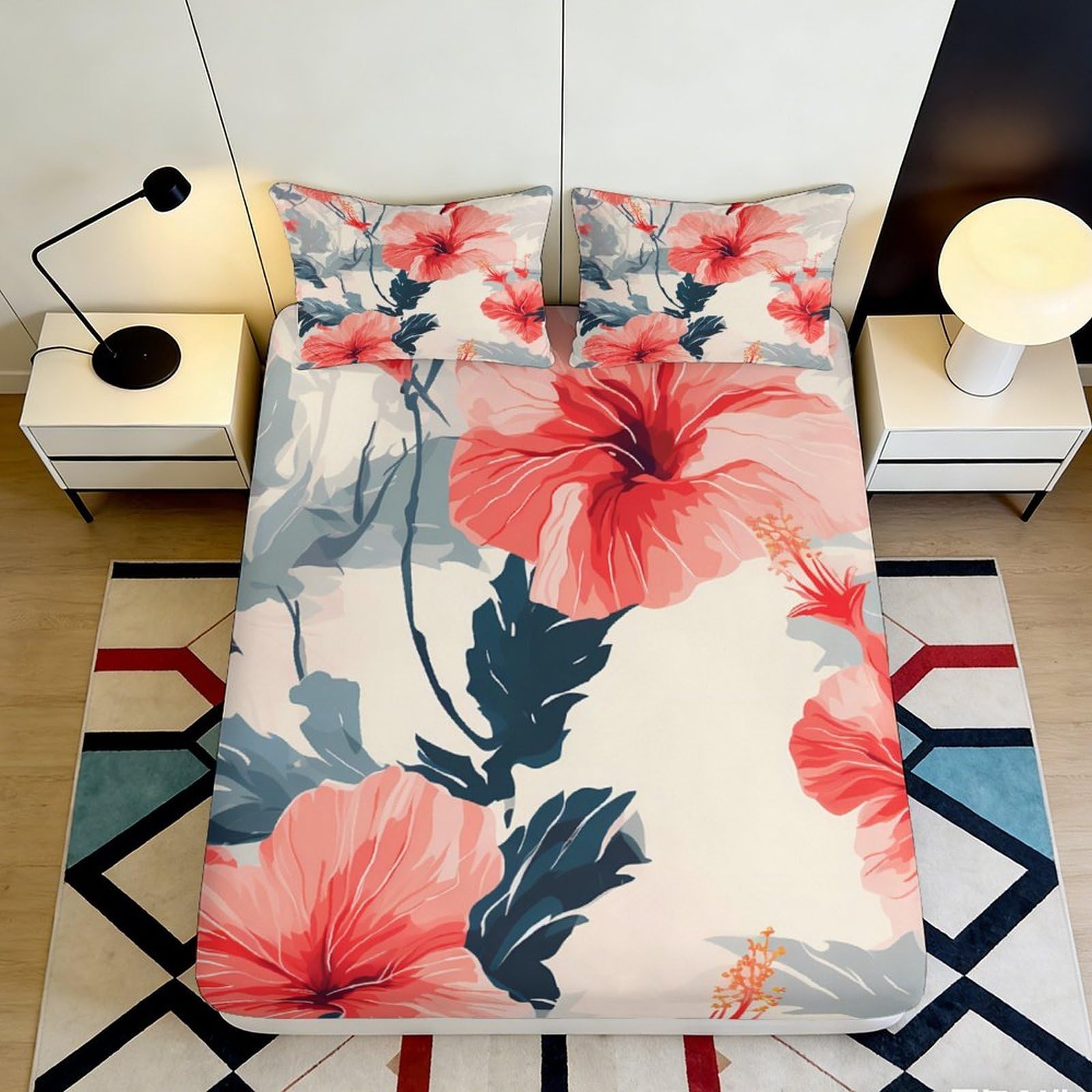 3D Printed Hibiscus Floral Fitted Sheet Microfiber Anti-Slip Red Blossom Bed Cover for Bedroom Guest Room Decor 90x200x25cm