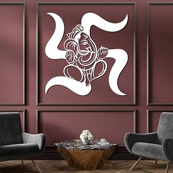 Metal Ganesha Wall Decor, Ganesha Metal Wall Art, Ganapati Elephant Wall Art, Hindu Wall Decor, India Lord Wall Sign, Swastik Ganapati Wall Sculpture for Living Room White, 39"x39"/100x100cm
