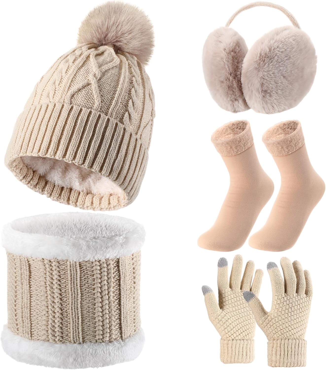 SATINIOR 5 Pcs Winter Hat Scarf Gloves Set Fleece Lined Knit Beanie Hat Warm Touch Screen Gloves Earmuff Warmer for Women Classic Style Gray, Pink
