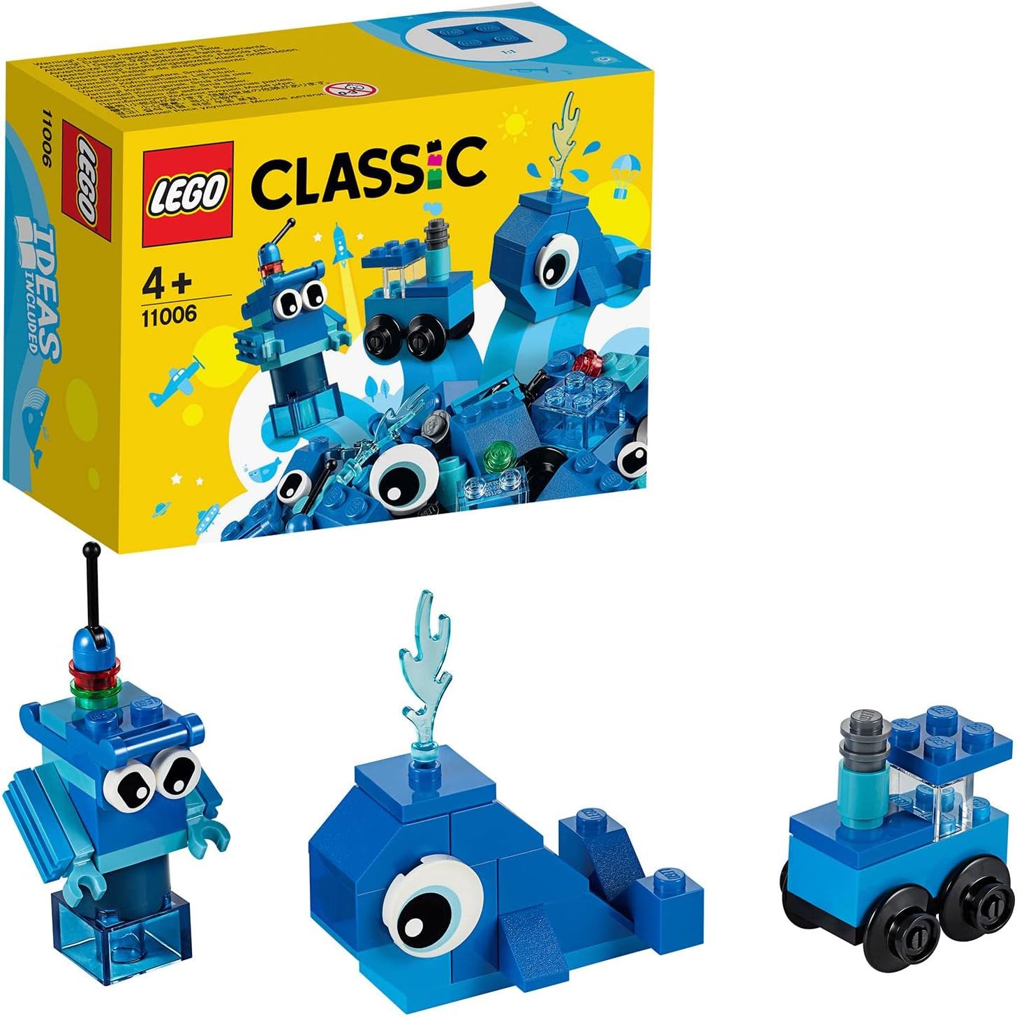 11006 Classic Creative Blue Bricks Starter Set, Preschool Learning Toys, Gift for Boys & Girls age 4 plus Year Old, with Toy Whale, Train and Robot