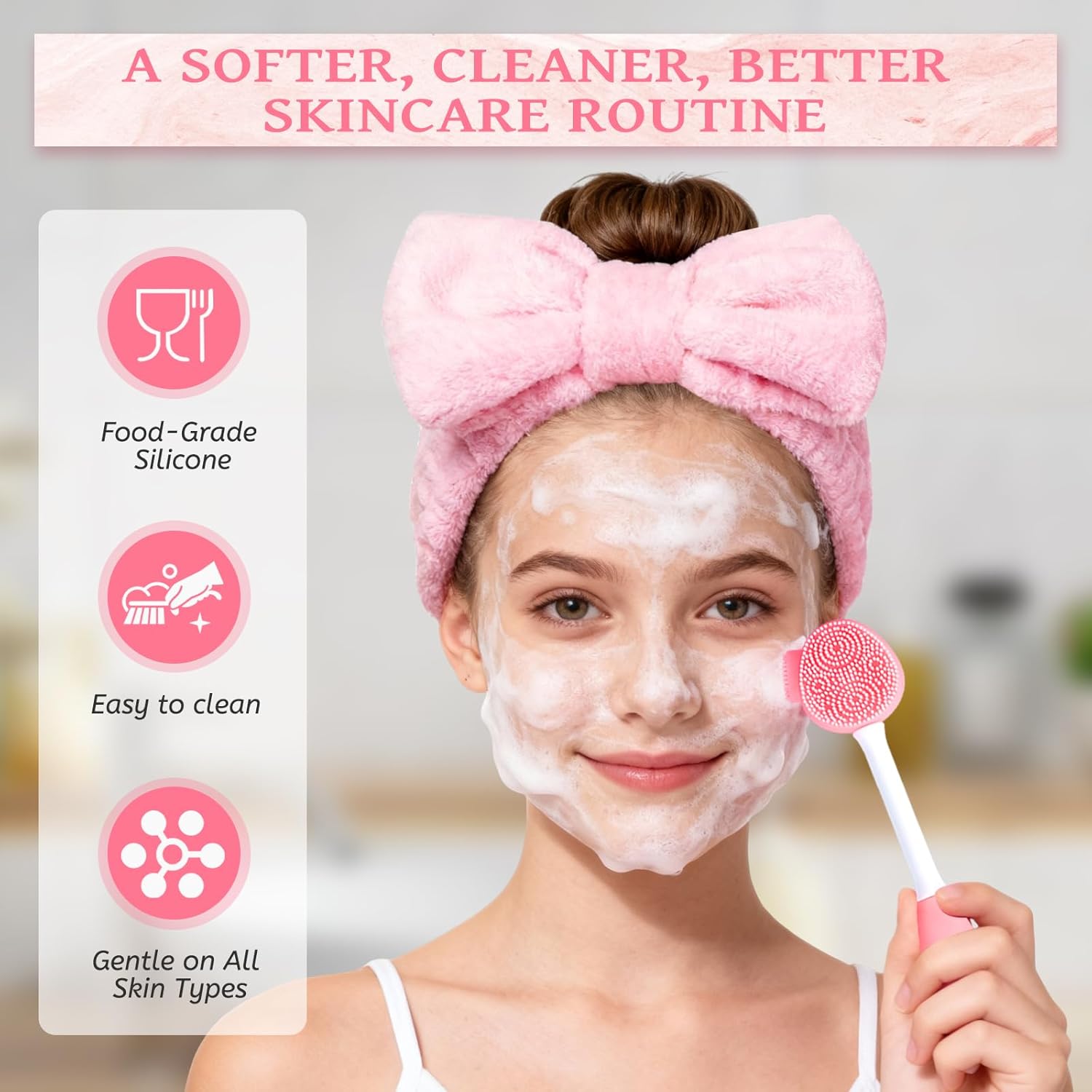 Small Gifts for Women - Spa Headband for Washing Face Set for Her with Headband, Wristbands, Bath Sponge, Scrunchie & Face Brush, Thoughtful Birthday Gift for Mom, Wife, Girlfriend or Best Friend Pink-A