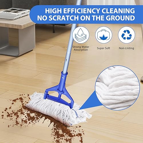 Miniatura 4 de Trapeador de cuerda de extremo de bucle resistente, trapeador industrial comercial con cabezales de repuesto adicionales, mango largo de 59 pulgadas