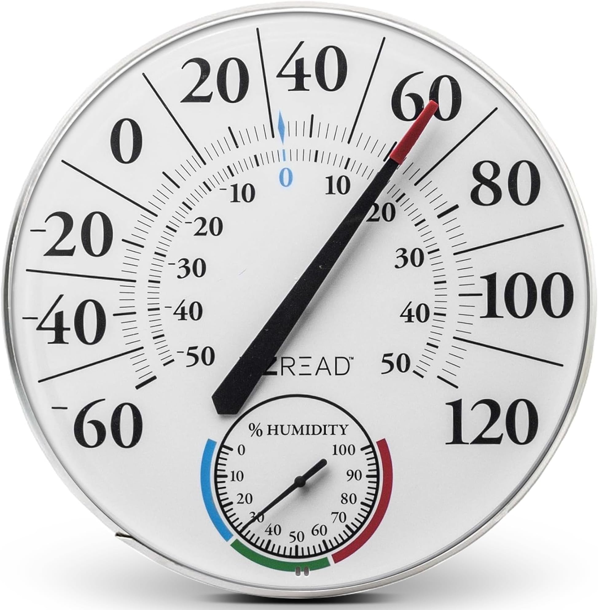 EZREAD Hanging Dial Thermometer 840-1212 Weather Thermometers for Indoor and Outdoor Use, Large 12.5 Inch Diameter, Easy to Read Numbers, Basic White Dial/Hygrometer
