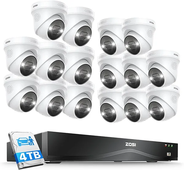 ZOSI 32 Channel 4K PoE Security Camera System,16x 8MP Outdoor Indoor Cameras,2 Way Audio,Color Night Vision,AI Person/Vehicle Detection,32CH 16 Port Commercial NVR 4TB HDD Surveillance for B