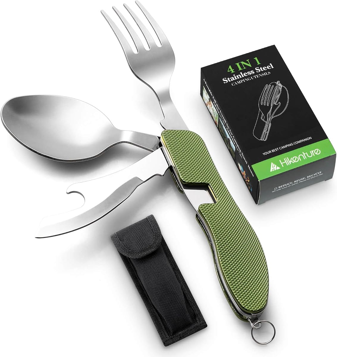 4-in-1 Camping Utensils,Stainless Steel Spoon Fork Knife Combo with Bottle Opener,Backpacking Eating Cutlery for Traveling,Hiking,Scouting Hobo Multitool Set (Army Green)