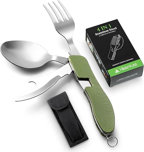 Miniatura 14 de Utensilios para campamento HIKENTURE 4 en 1, juego de tenedor, cuchillo, cuchara y abridor de botellas de acero inoxidable con estuche de Negro