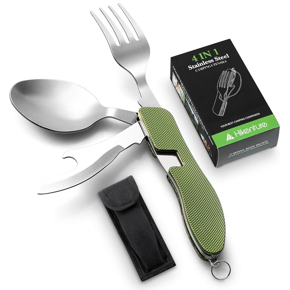 HIKENTURE 4-in-1 Camping Utensils,Stainless Steel Spoon Fork Knife Combo with Bottle Opener,Backpacking Eating Cutlery for Traveling,Hiking,Scouting Hobo Multitool Set (Army Green)