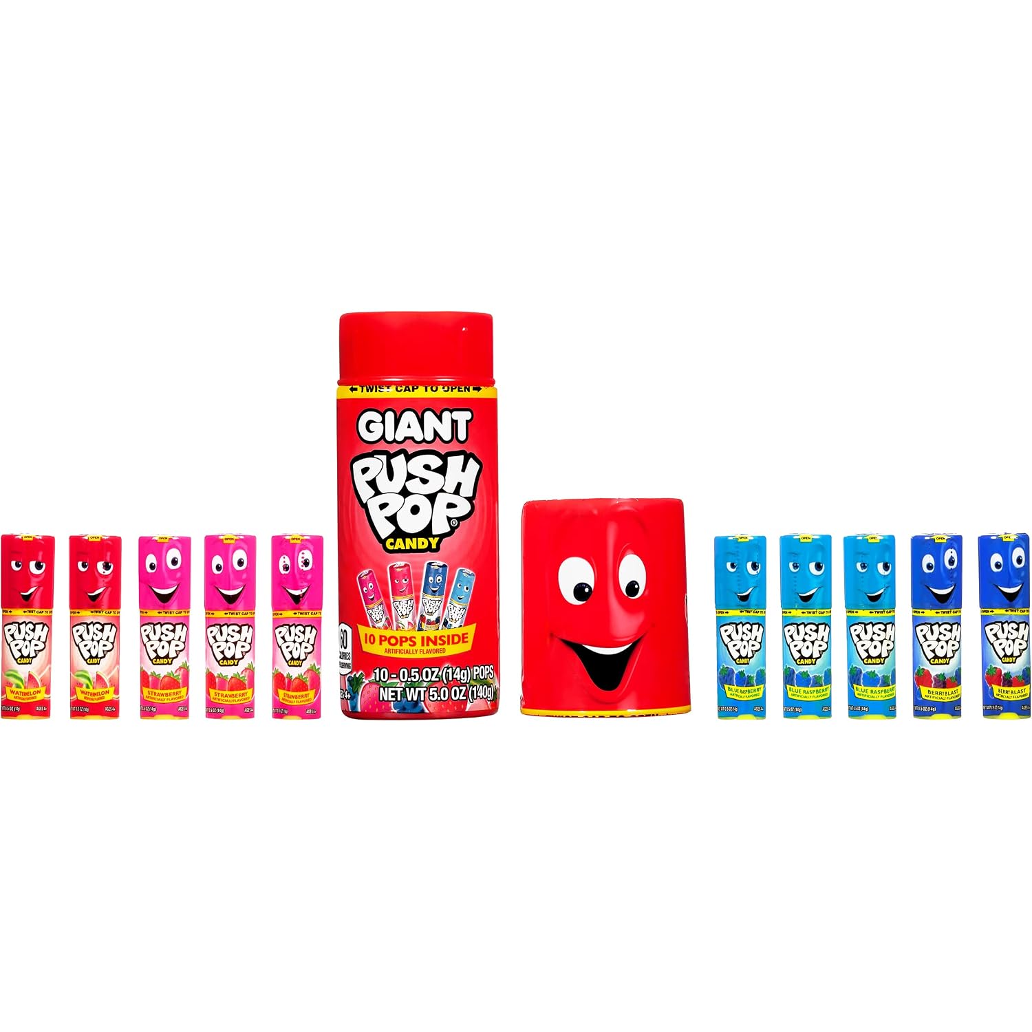 Giant Push Pop Container with Individually Wrapped Lollipop Summer Variety Party Pack - 10 Count Lollipop Suckers in Assorted Fruity Flavors - Fun Candy for Summer Parties, Barbeques & 4th Of July