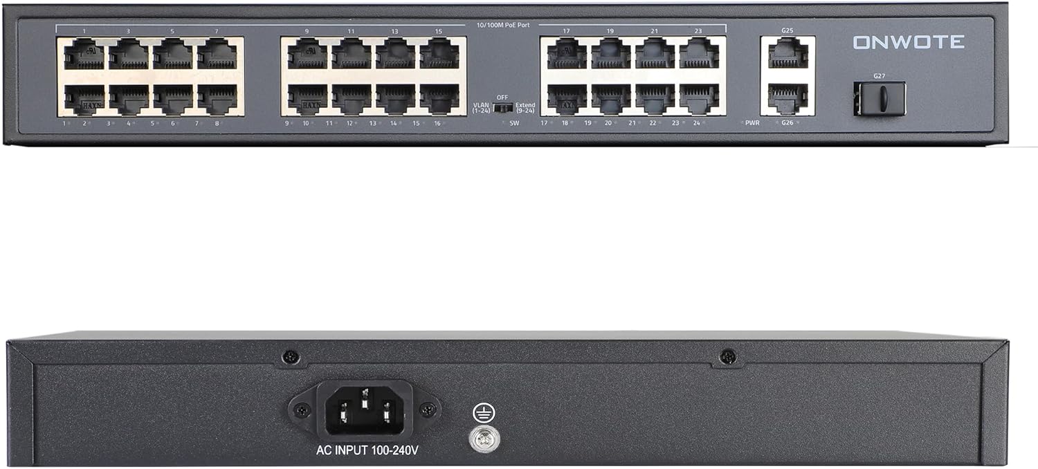 ONWOTE 24 Ports Ethernet PoE Switch @300W, 2X Uplink Gigabit RJ45 Ports, 1X SFP Slots, Support 4K 8MP 5MP 1080P IP Security Cameras, Add-on Injector to NVR System