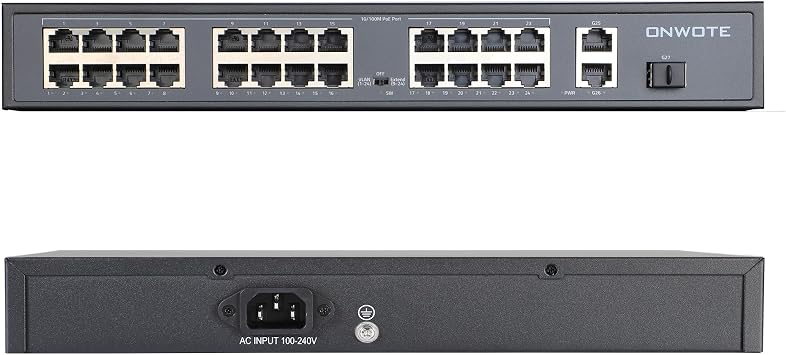ONWOTE 24 Ports Ethernet PoE Switch @300W, 2X Uplink Gigabit RJ45 Ports, 1X SFP Slots, Support 4K 8MP 5MP 1080P IP Security Cameras, Add-on Injector to NVR System