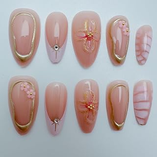 24Pcs Pink Press on Nails Medium Almond Fake Nails with 3D Gold Frame Flower Beads Rhinestones Design Spring Floral Butterfly Acrylic False Nails Pink French Tips Glue on Nails for Women
